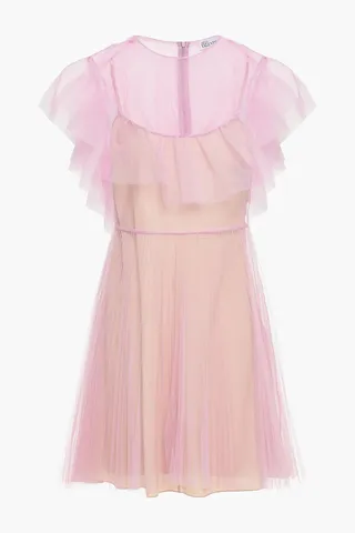 Ruffle-trimmed pleated tulle mini dress