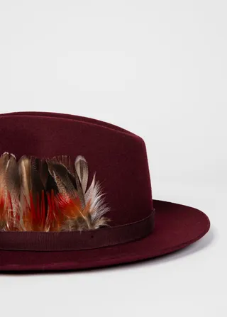 Men's Burgundy Wool Fedora With Feather Detail