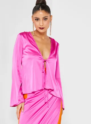 Plunge Neck Flute Sleeve Top