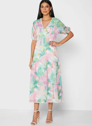 Plunge Neck Printed Dress