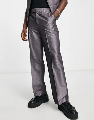 ASOS DESIGN smart wide leg pants in shimmer texture in silver - part of a set