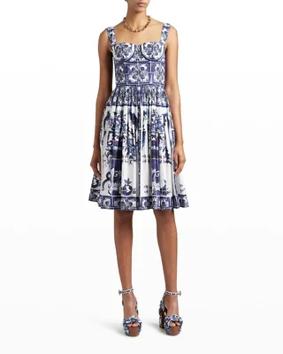 Tile-Print Pleated Poplin Bustier Dress