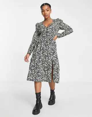 Monki long sleeve midi tea dress in dark based floral