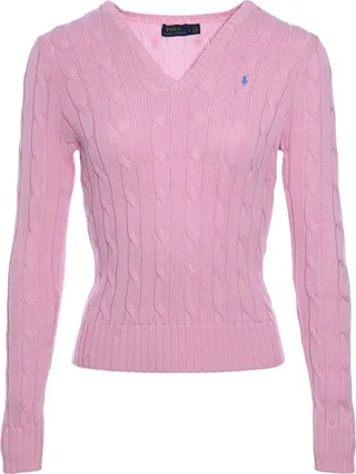 Pink cable knit v-neck sweater with small frontal embroidered logo from Polo Ralph Laurent.