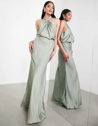 ASOS EDITION satin ruched halter neck maxi dress in sage green