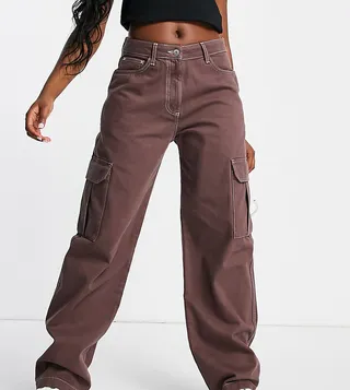 COLLUSION x015 anti fit cargo jeans with contrast stitch in mocha