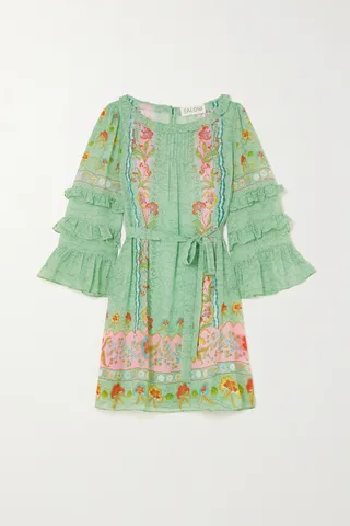Saloni - Lori Ruffled Printed Silk Crepe De Chine Mini Dress - Green