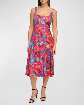 Sleeveless Abstract-Print A-Line Midi Dress