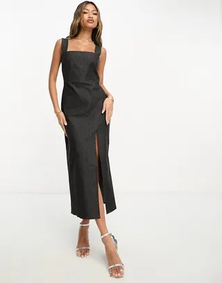 Vesper square neck thigh split midi dress in black