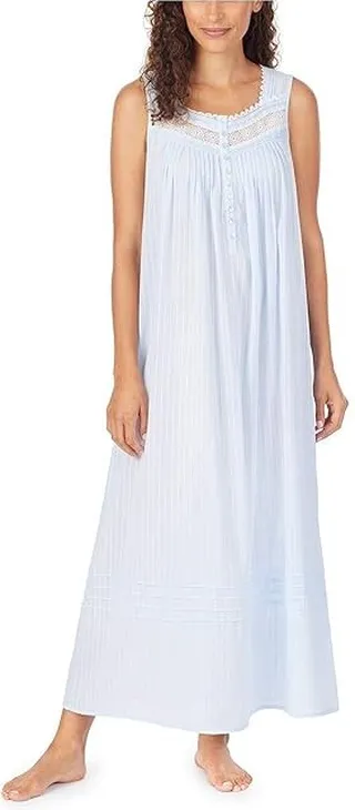 Eileen West Cotton Dobby Stripe Woven Sleeveless Ballet Nightgown (Blue) Women's Clothing