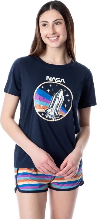 NASA Womens' Retro Stripes Rocket Sleep Pajama Set Shorts Crewneck (X-Small) Multicoloured
