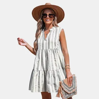Women's Striped Split Neck Mini Dress - Cupshe-M-Gray