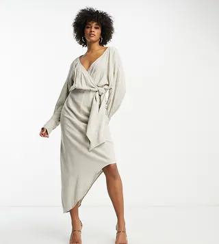 ASOS DESIGN Tall linen batwing tie side midi dress with asymmetric skirt in natural