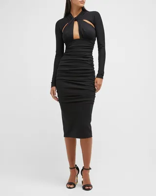 Twist-Cutout Ruched Midi Dress