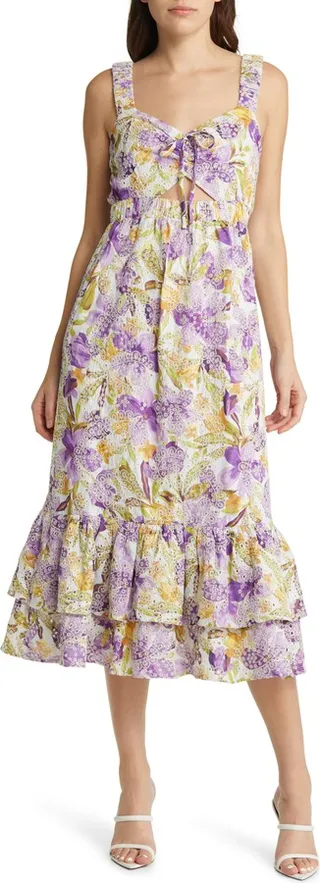 Kathleena Embroidered Eyelet Cutout Midi Dress