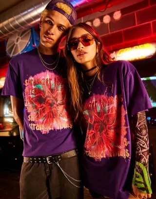 Reclaimed Vintage x Stranger Things unisex t-shirt in washed purple with demogorgon print