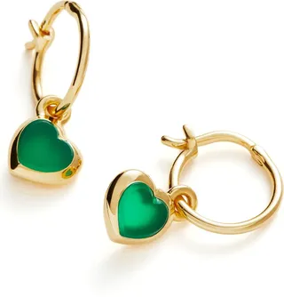 Green Onyx Heart Drop Hoop Earrings