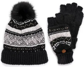 MUK LUKS Women's Mixed Yarn Beanie and Mitten Set-Mix Ebony OS