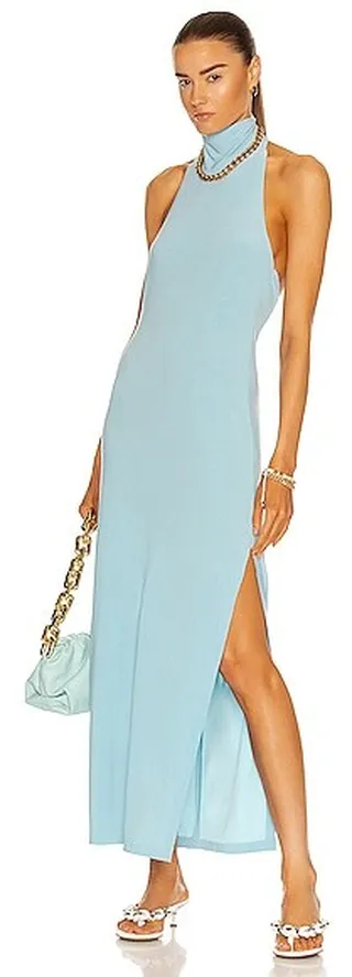 Norma Kamali Halter Turtleneck Side Slit Gown in Baby Blue