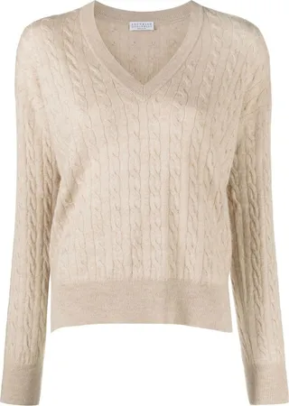 cable-knit V-neck jumper