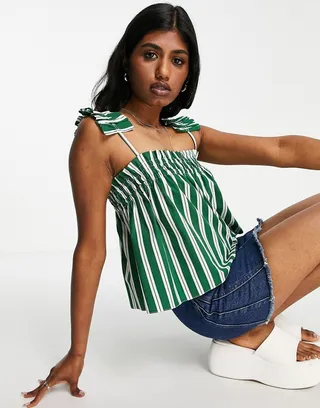 Topshop striped ruffle strap cami in green