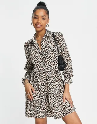 New Look mini shirt smock dress in brown animal print