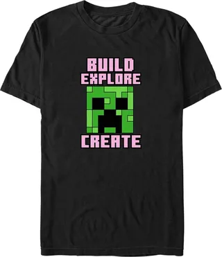 Men's Minecraft Creeper Face Build Explore Create T-Shirt - Black - Large