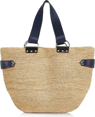 Bahiba Leather-Trimmed Raffia Tote