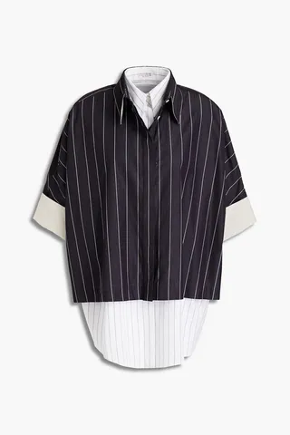 Layered pinstriped linen and cotton-poplin shirt