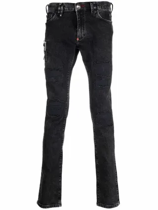 Distressed Logo-Plaque Skinny Jeans