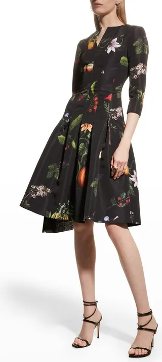 Split-Neck Garden Print Dress