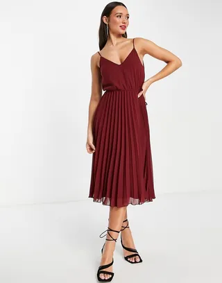 ASOS DESIGN pleated cami midi dress with drawstring waist in oxblood