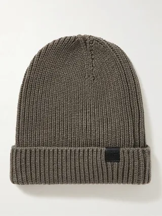 Leather-Trimmed Ribbed Cashmere Beanie