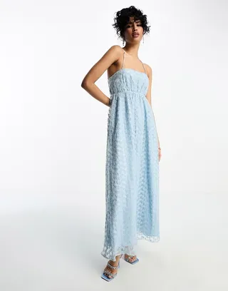 NA-KD textured puff skirt detail maxi dress in dusty blue