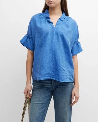 Crosby V-Neck Ruffle-Trim Linen Top
