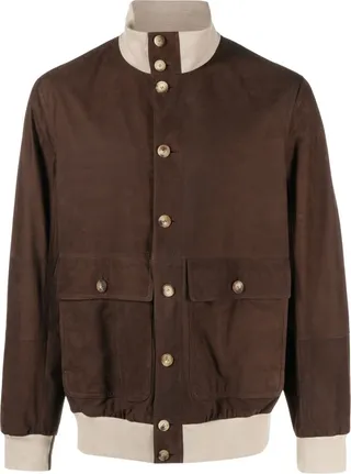 Contrasting-Detail Suede Bomber Jacket
