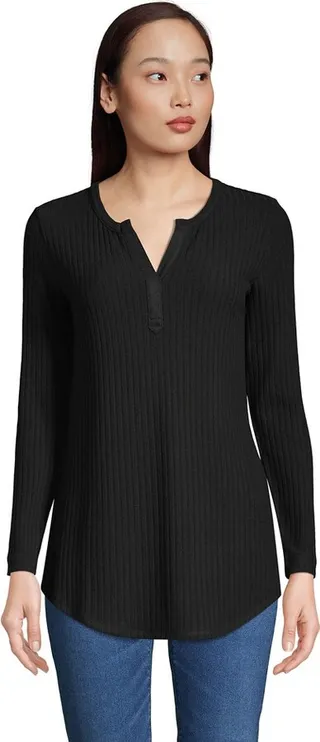 Lands' End Women's Long Sleeve Brushed Wide Rib Split Neck Tunic - X-Small - Black