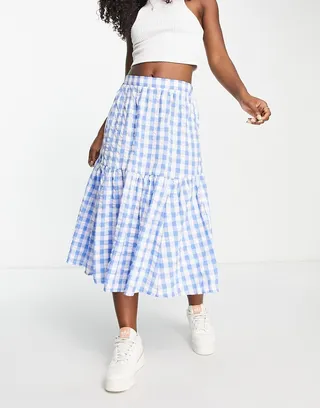 Monki seersucker ruffle midi skirt in blue and white gingham