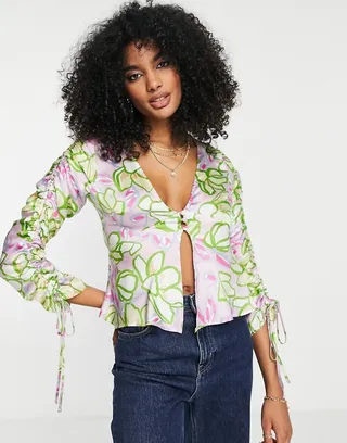 ASOS DESIGN ruched sleeve satin blouse with button front in green & pink abstract