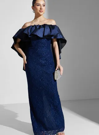 Hadia Ghaleb Ruffled Detail Off Shoulder Gown