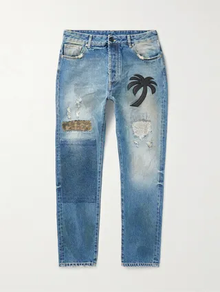 Straight-Leg Appliquéd Distressed Jeans