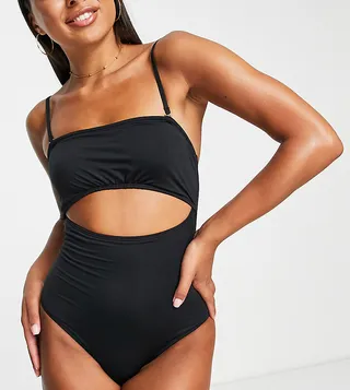 Accessorize Exclusive ruched bandeau cut out swimsuit in black