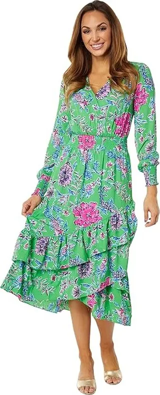 Lilly Pulitzer Cristiana Stretch Midi Dress (Gecko Green Brewsters Blooms) Women's Clothing