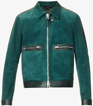Mens Dark Teal Suede-textured Spread-collar Leather Jacket