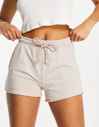 Noisy May cotton tie waist sweat shorts in stone - BEIGE