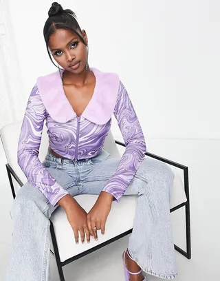 ASOS DESIGN faux fur collar cardigan in marble print
