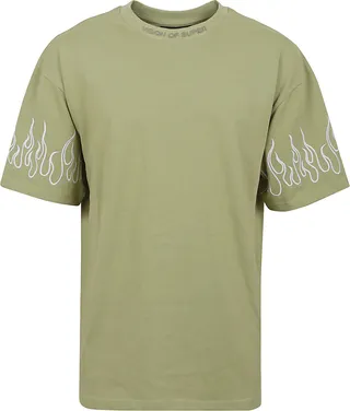Green Army Green T-shirt With Embroidery Flame