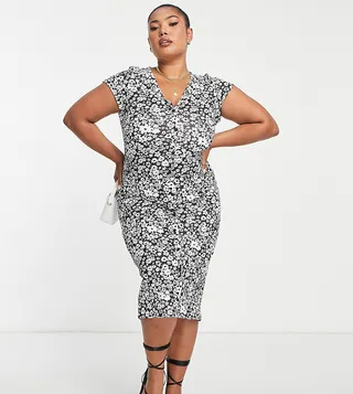 ASOS DESIGN Curve short sleeve midi shirt dress in mono floral