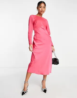 ASOS DESIGN satin long sleeve midi dress with drawstring back in pink