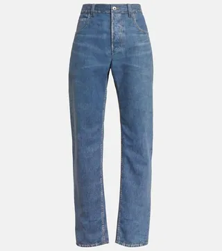 Denim-printed wide-leg leather pants